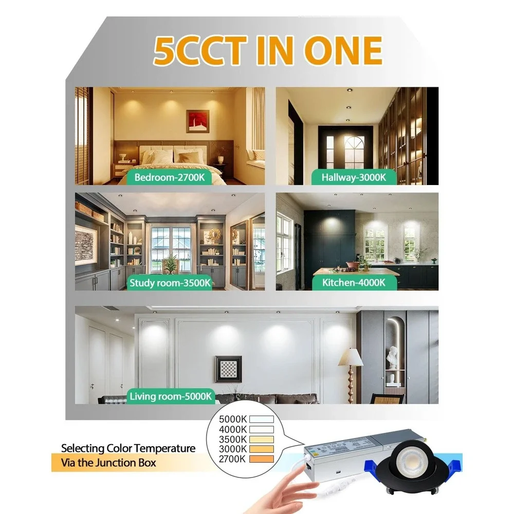 zouzai 2 Inch LED Recessed Downlight 6 Pack 5W 550LM Black 5CCT Dimmable Gimbal